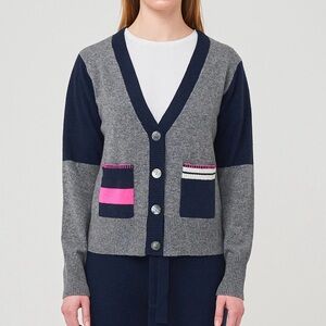 Brodie Cashmere Gray and Navy Colorblock Cashmere Cardigan with Pink Accents